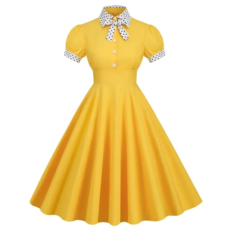 2025 Nový kontrast hepburn bodkovaný obojok a gombíky predné gombíky Up Rockabilly Dress Women 50s Pinup Cotton Retro šaty