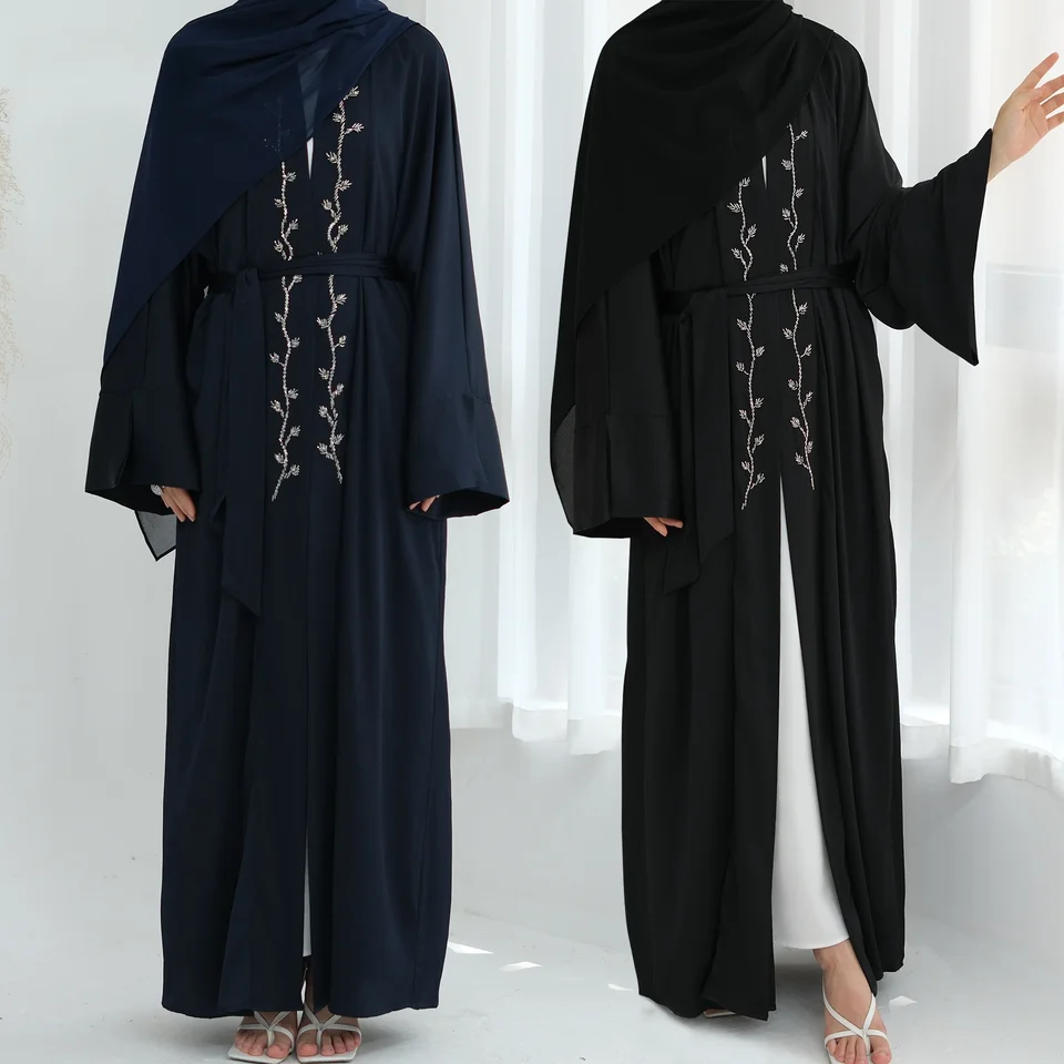 2025 NOVÝ LUXURY OPEN ABAYA Moslimské ženy Modest korálkové dekorácie Front Cardigan Kimono Navy Black Abayas Robe Islamský odev