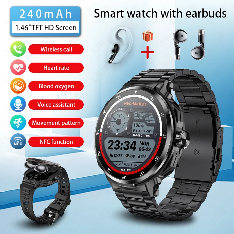 2025 NOVÝ NFC SMART WATCH MEN TWS TWS Hudba Bluetooth Call Watches Heart Sport Fitness Smartwatch Muž pre Android iOS