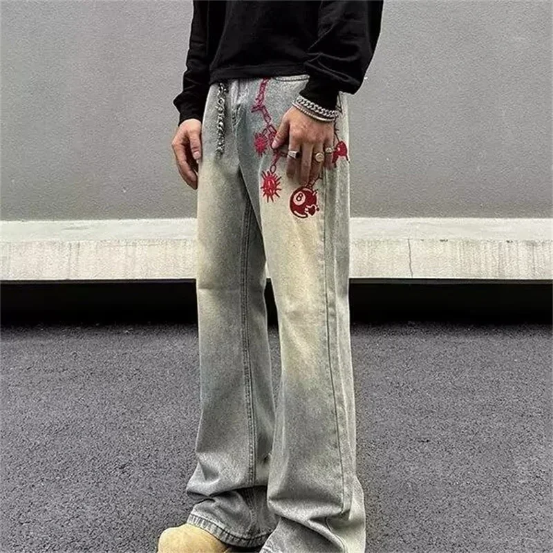 2025 Nový reťazec meteor kladiva tlačové džínsy pre mužov y2k vintage široké džínsové nohavice na vysokej ulici High Street Washed Jean