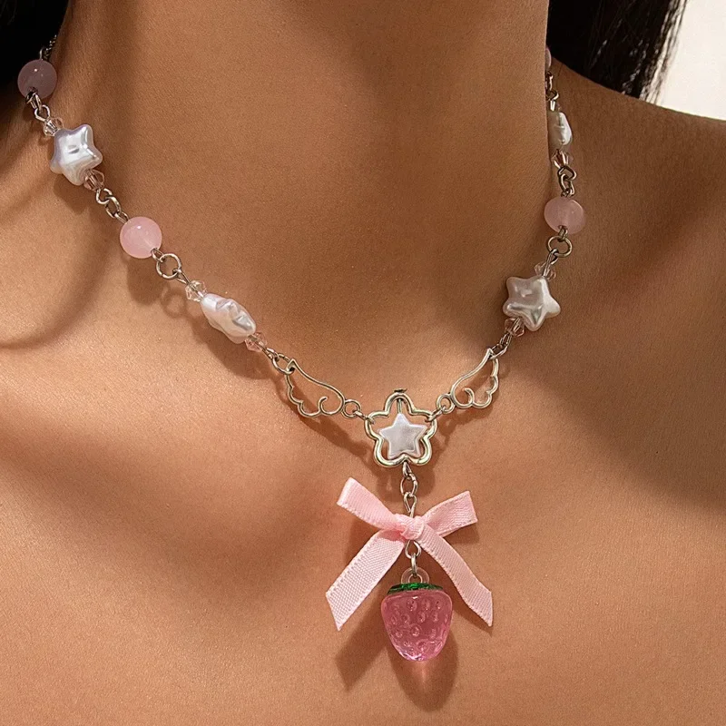 2025 Nový roztomilý bowknot biely pentagram ružový jahodový prívesok Choker náhrdelník Goth Vintage Y2K Girls Rave Jewelry Accessories