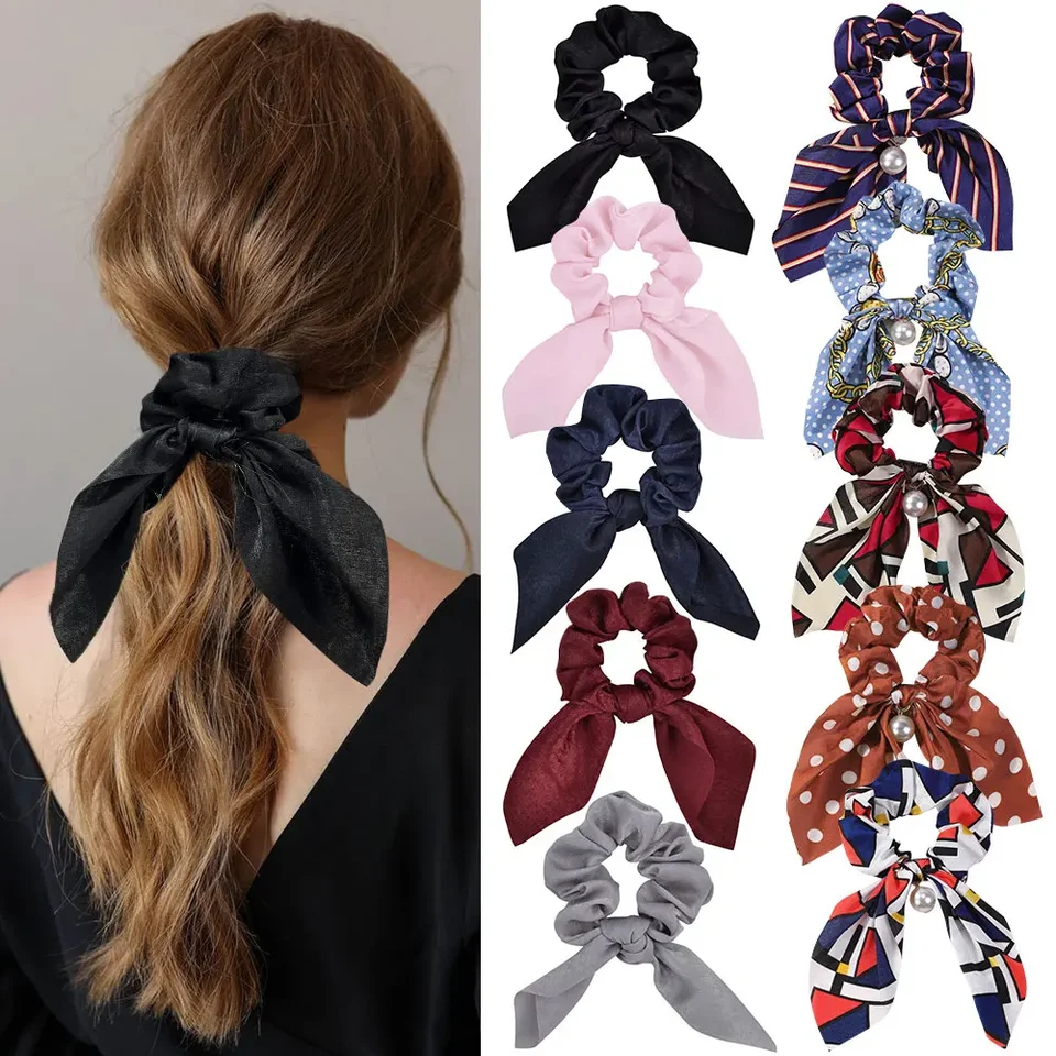 2025 Nový šifónový bowknot elastický vlasové kapely pre ženy dievčatá Pearl Scrunchies čelenka Vlasy Vlasy