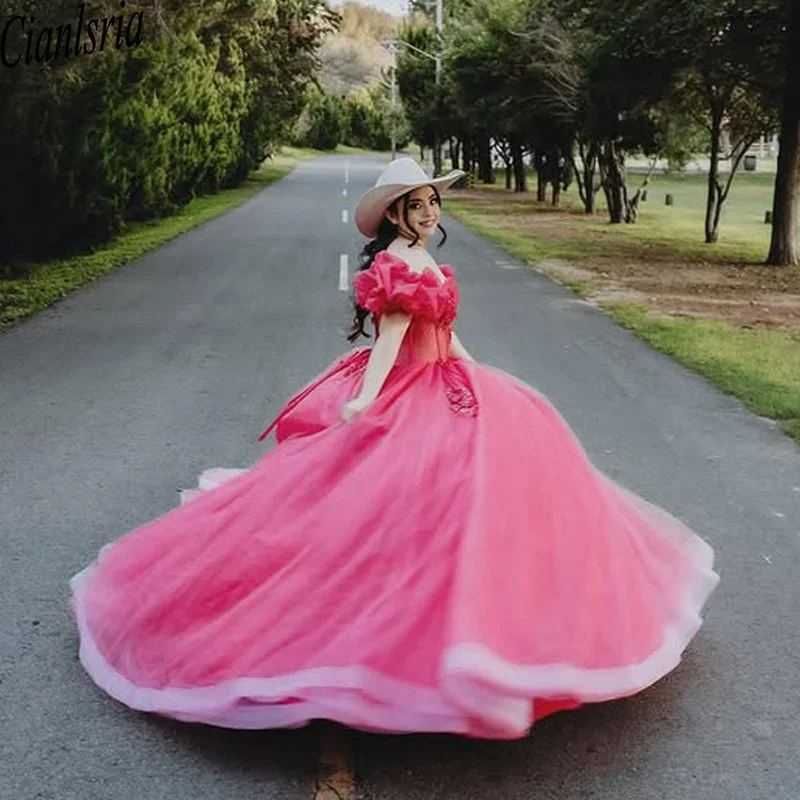 2025 Pink Off Lawn Ball Gown Quinceanera šaty korálky krištáľové čipky