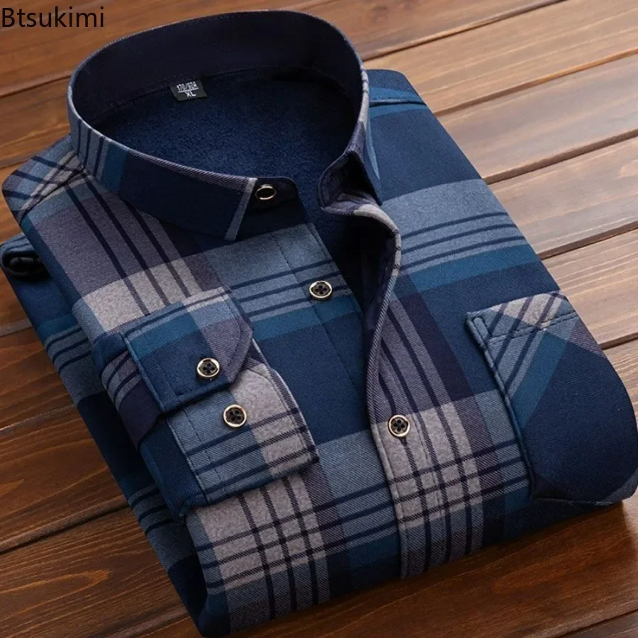 2025 Pánske jesenné zimné zimné príležitostné fleece Plaid košeľa móda mäkké teplé otočenie goliera s dlhým rukávom košeľa mužské vysokokvalitné vrcholy