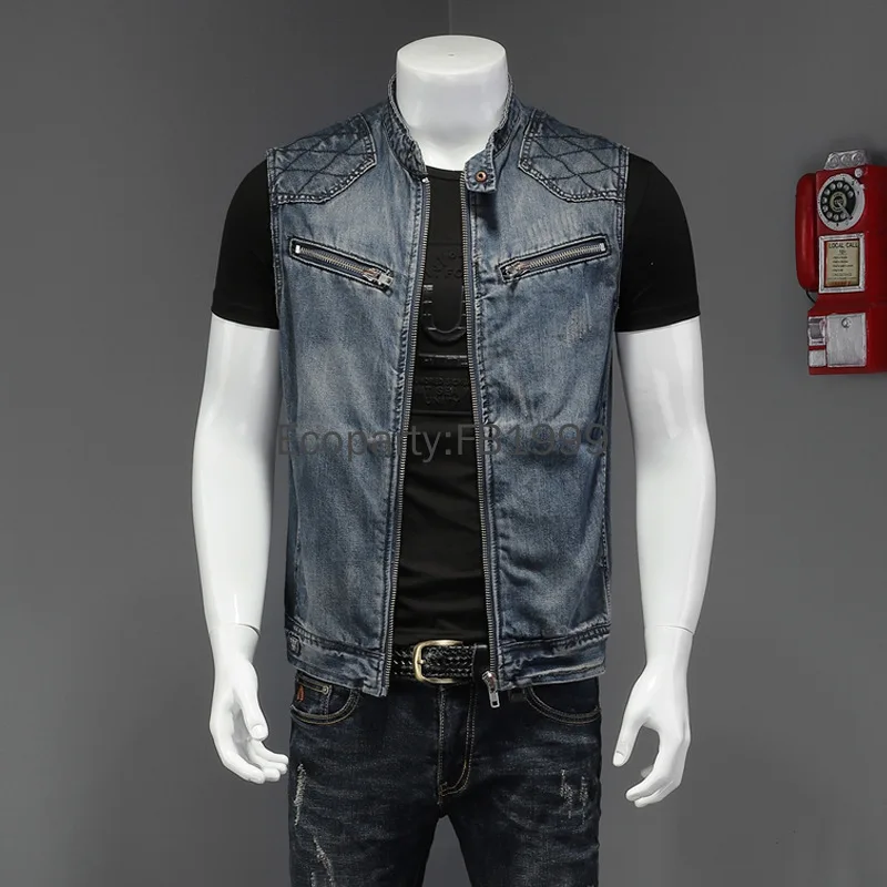 2025 Pánske módne džínsové vesty bunda Cool Retor Ruckelless Motocykle bunda mužský punk zips džínsky vesty na povlaky Streetwear Coat
