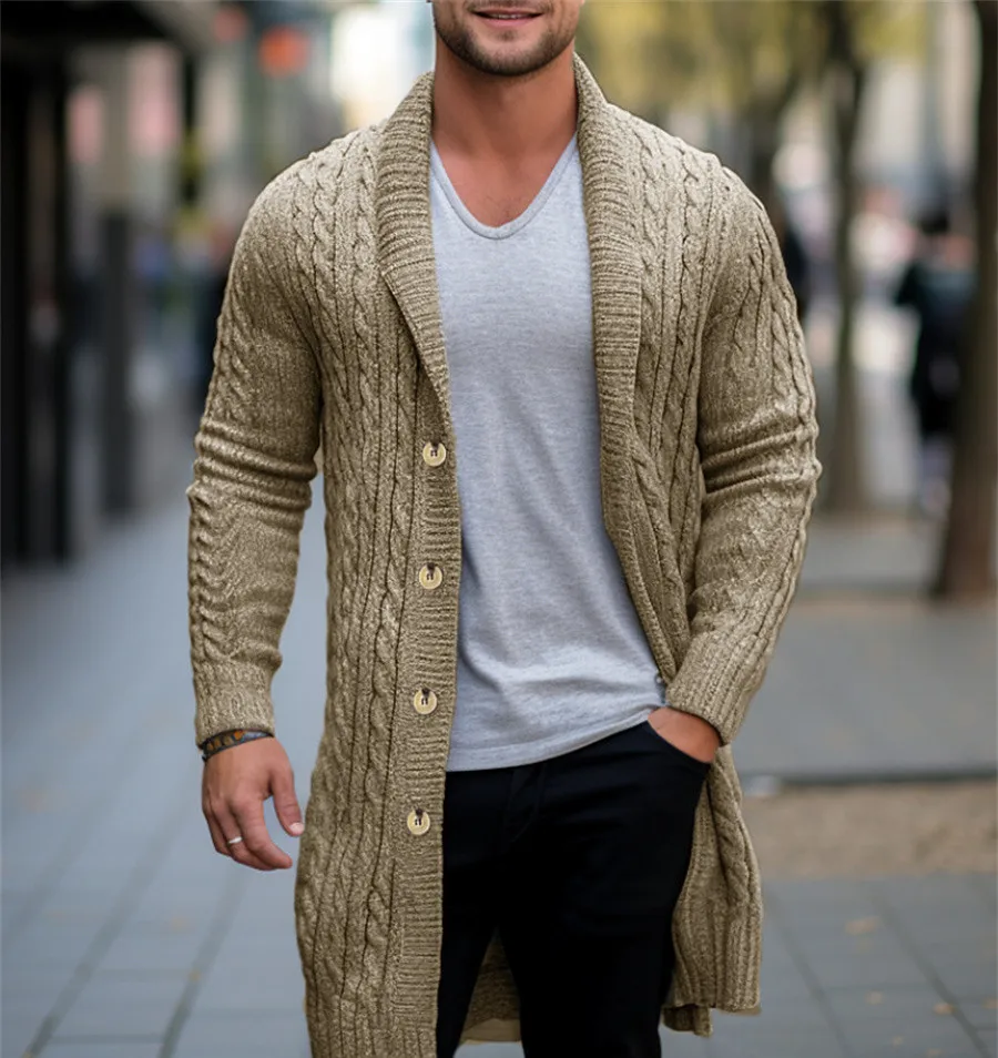 2025 Pánske pletené dlhé povodňové bunda jar jesenné slažné jacquard kabát Muž gombíky dole pletene mužov oblečenie Streetwear