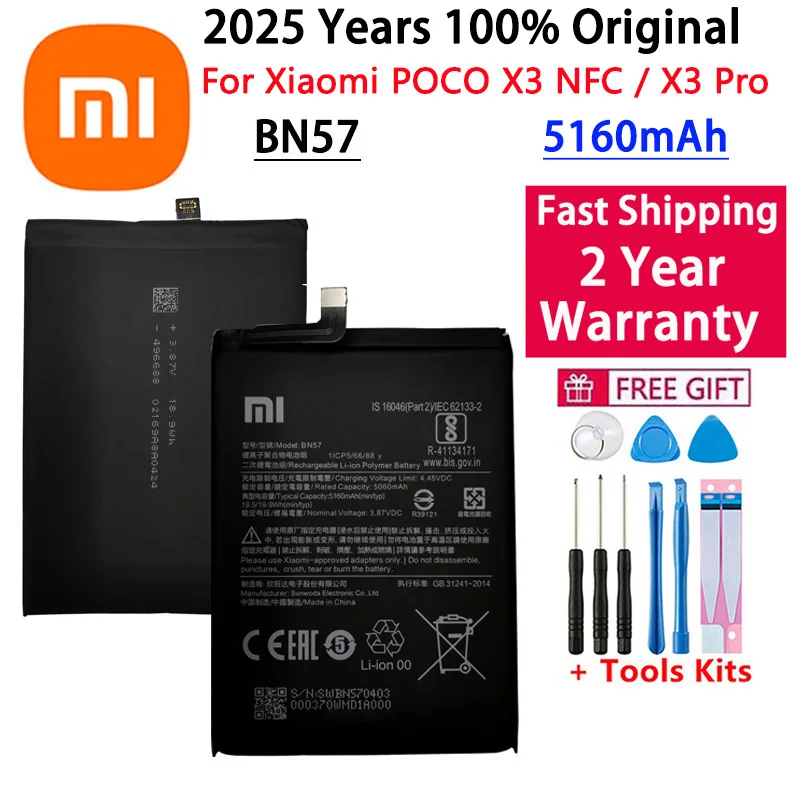 2025 rokov 100% Pôvodný BN57 5160 mAh Telefón batéria pre Xiaomi Pocophone X3 NFC / POCO X3 Pro Výmenné batérie Rýchle preprava batérie