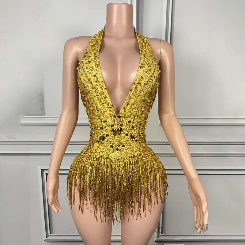2025 Sexy Gogo Dancer Clothing Golden ohlter Tassel Sleousless Dress Deep V-krst šaty nočné klubové barové party shwo rave outfit 94