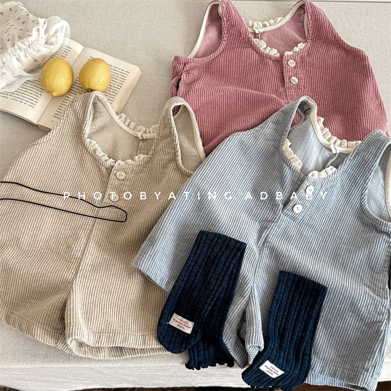2025 Spring Autumn Nové nové deti koleno dĺžka kombinézy oblečenie Dievčatá Corduroy Cotton Rompers batoľa deti pre deti