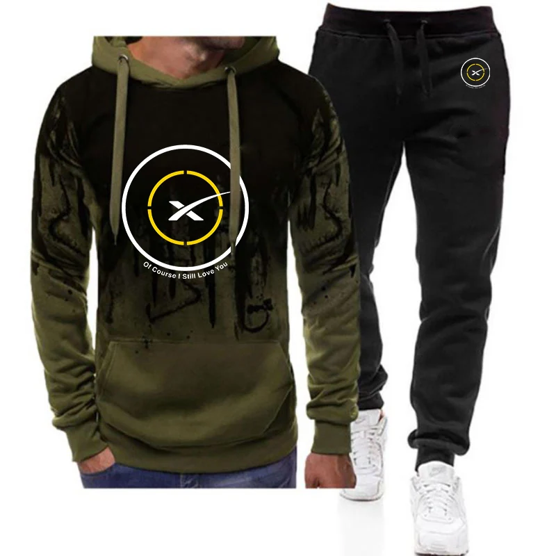 2025 Spring Autumn SpaceX Space X Logo tlačené populárne gradientné farebné kapucne sada Pánske s kapucňou+oblek na výhľady na voľný čas