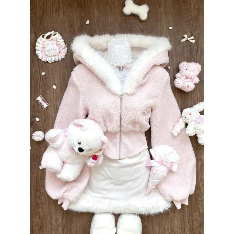 2025 Spring Golier Patchwork orezaný zips UP Hoodie + plyšové šaty remienok Dva kusové súpravy dámske výnimky sladké dievča Y2K Suits