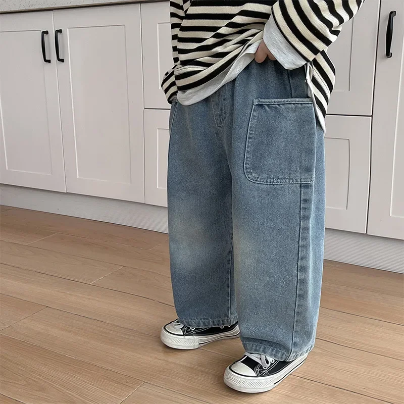 2025 Spring New Kid Boys Denim Pants Bočné vrecko leštené biele deti oblečenie džínsy elastické pásy Príležitostné nohavice dievčat