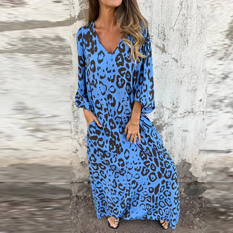 2025 Spring Vintage Leopard Print Bohemian Dress Womens Casual V Príležitostné voľné šiatky Dlhé párty Šaty Jeseň s dlhým rukávom maxi šaty majer