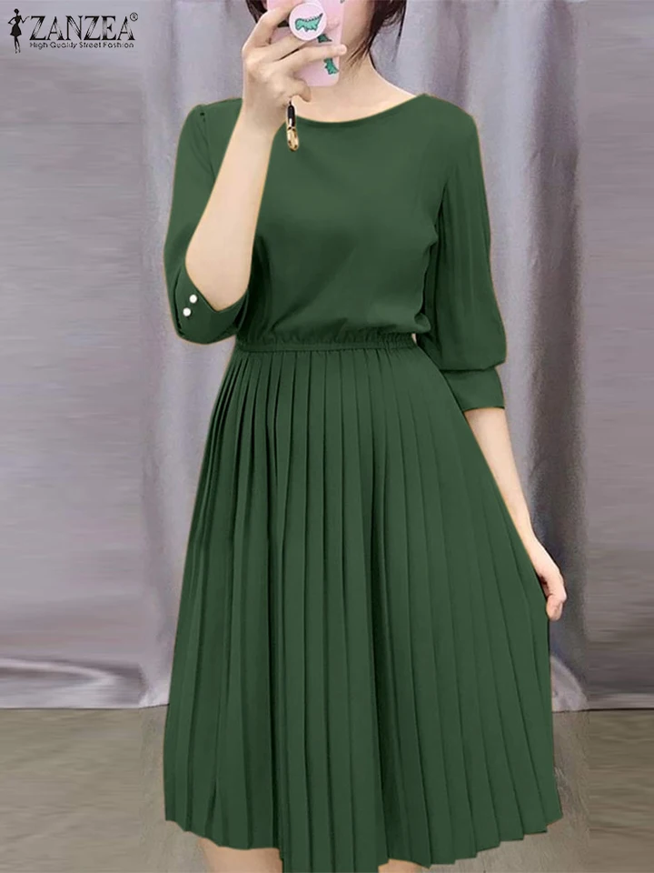 2025 Summer 3/4 rukávy okrúhly krk Vestidos Zanzea Ženy koleno dĺžky šaty elegantné pevné farebné slnečné šaty sviatočné šaty