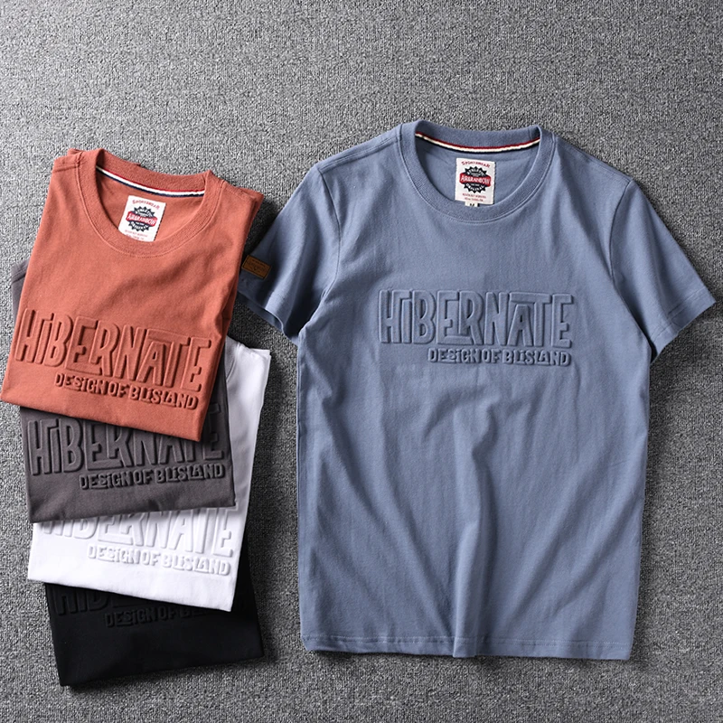 2025 Summer New American Retro Short Ruckve 3D Letter Embossed Tričko Pánska móda 100% bavlnená mládež pre mládež pre neformálne športové vrcholy