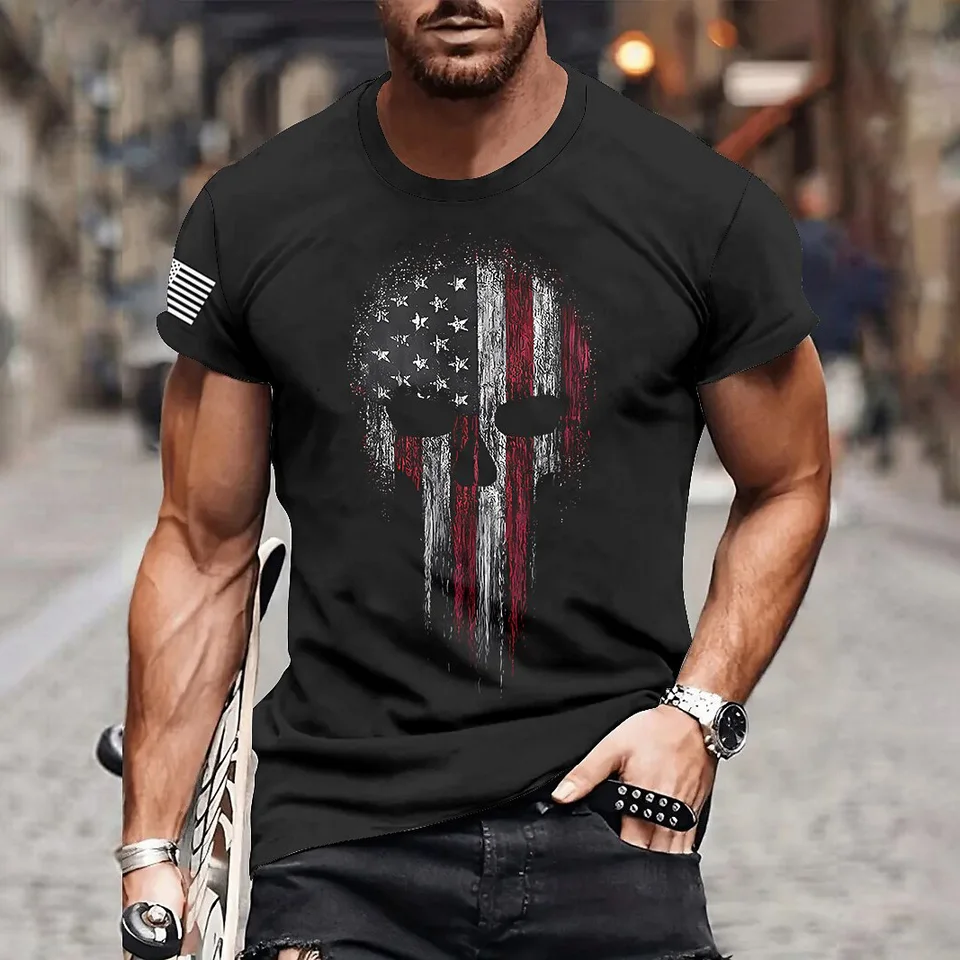 2025 Summer nových pánskych módnych tričiek 3D tlačená vojenská lebka visiace tričko Fitness športové oblečenie pánske oblečenie športy