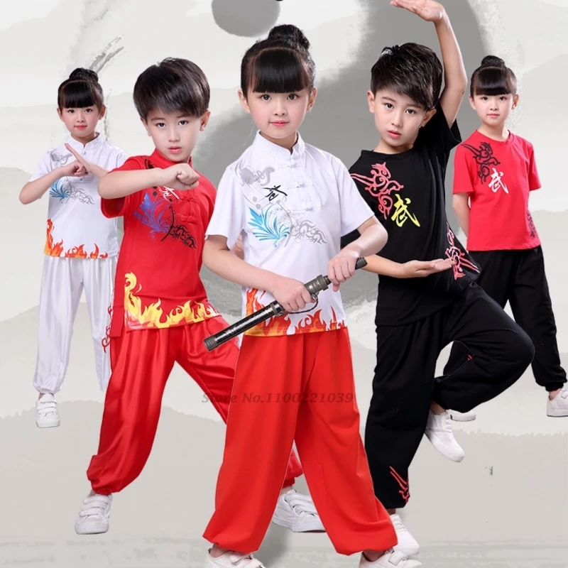 2025 Tradičný čínsky kostým Wushu Čínske slová Tlač Chilren Tai Chi Kungfu Uniformy tričko+nohavice súpravy bojových umení outfit