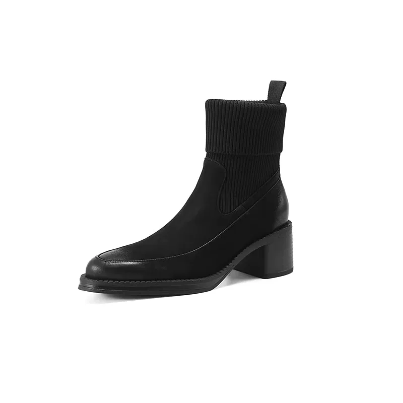 2025 Zimná veľkosť 33-40 Dámske natiahnuté topánky členok členok vysoká skutočná koža pletená hustá päta topánky Fall Winter Vintage Office Lady topánky