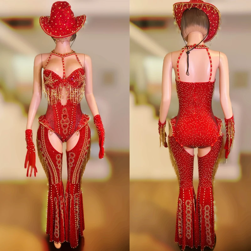 2025 Červené kamienky BodySuit Hollow Nohy krycí klobúk Ženy Sexy tyčový tanec outfit Vianoce Gogo Dancer Costume Etapa Wear XS8857
