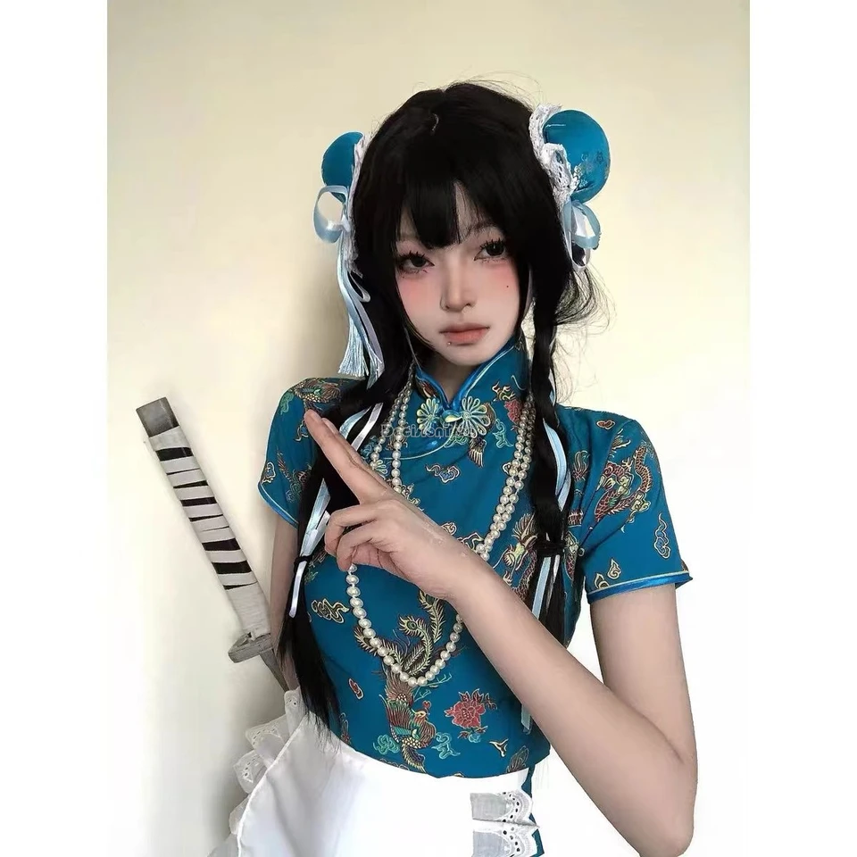 2025 Číňania nové ženy vylepšené móda sexy lolita slúžka zástera kostým Nové čínske tlačené šaty v štýle cheongsam lolita súprava W656