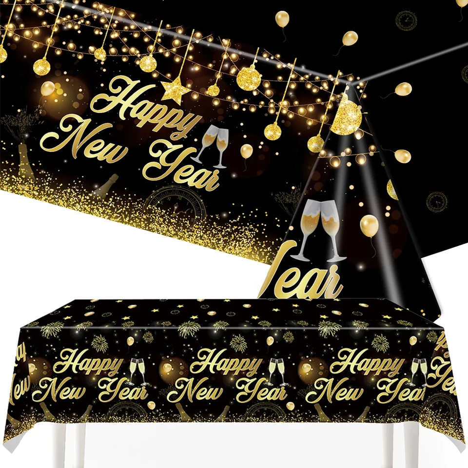 2025 Šťastný nový rok dekorácie obrusov čierna a zlatá stolová obálka jednorazového riadu nastavená na Silvester Večera Supplies