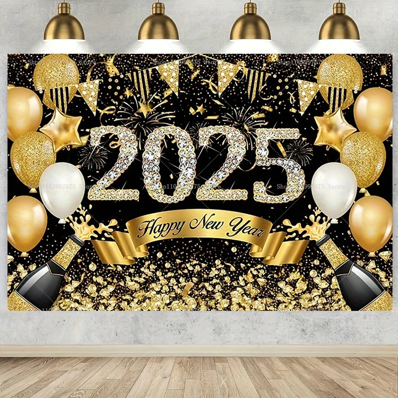 2025 Šťastný nový rok predvečer rodinné stretnutie Party na pozadí ohňostroja Champagne Golden Balloon Banner Decorácie pozadie