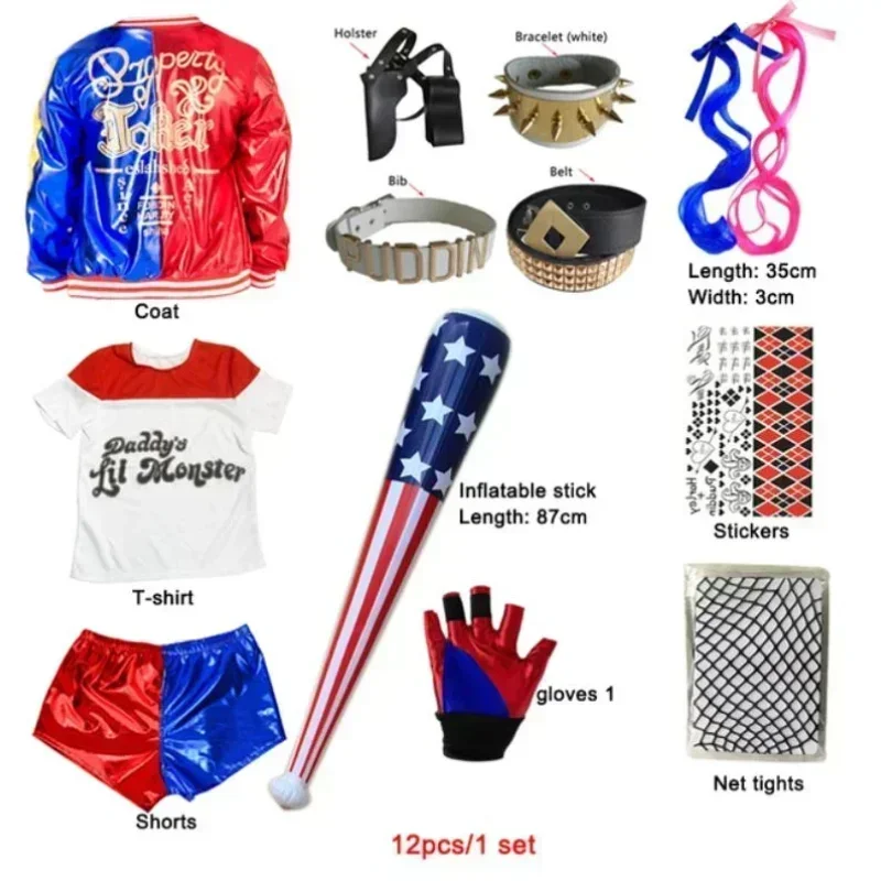 2025Carnival Kids Girls Suicide Suicide Harley Cosplay kostýmy Squad Quinn Monster Joker Jacket Suit Tattoo Setgers Set