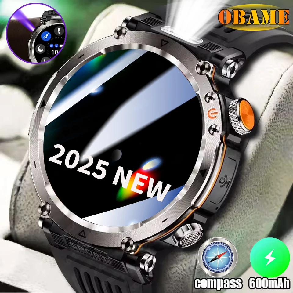 2025NEW LUXURIOU 600MAH BATTERICKÁ SMARTWATCH Pánske vysielanie IP68 nepremokavé hodinky BT volanie s LED baterky Smartwatch