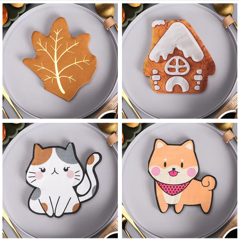 20ks/balenie LEAF Animal CAT Psa Pes Tvar tlačeného jednorazového obrúsku Tkanivá papierová domáca narodeninová oslava dekorácia