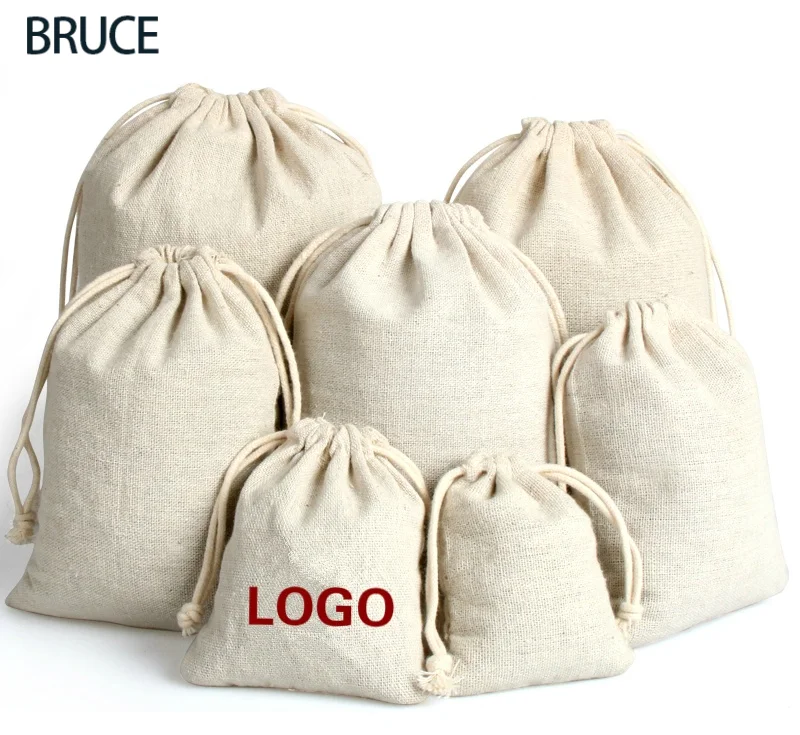 20ks Cotton Linen Darčeková taška Vlastné šperky balenie sťahovacie puzdro make -up svadobné večere cukrovinky Storage Bag Logo sáčat