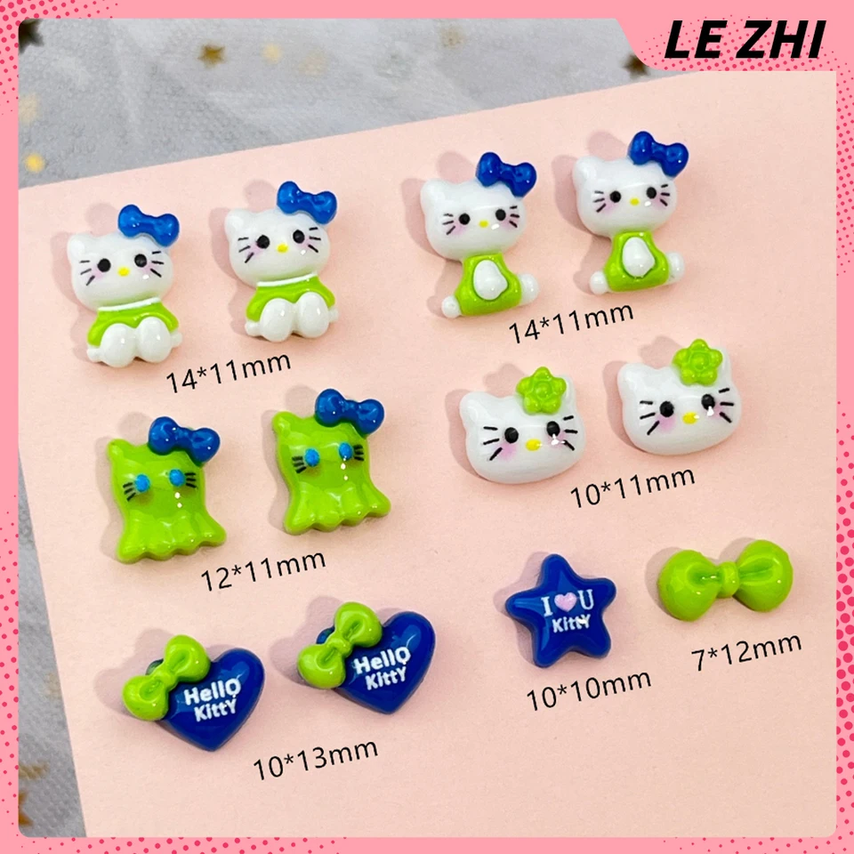 20ks Fluorescenčné zelenkatelesko-modré Hello Kitty Nail Charm Ručne vyrábané Love Bow Star Ghost Ghost Full-Body Celkovo nálepka na párty