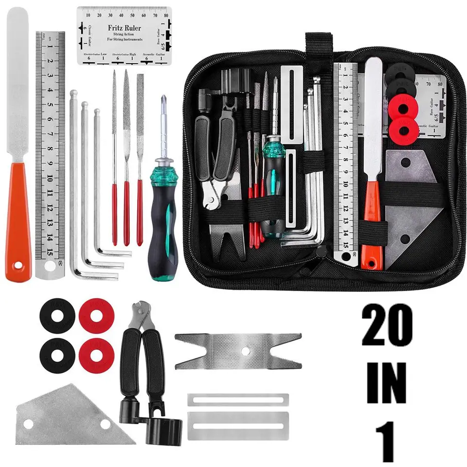 20ks Guitar Repair Tool Súprava Nástroje na údržbu Guitar Care 3 in 1 Struka na vyrovnávanie vetra sada frajerových pieskov
