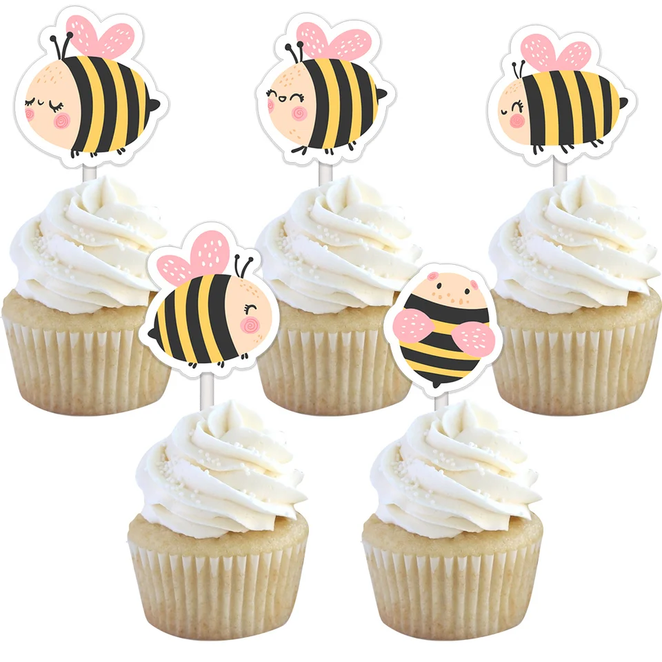 20ks honey Bee cupcake Topper Pink Carton Paper Toppers for Kids Happy Bee Day Birthday Party