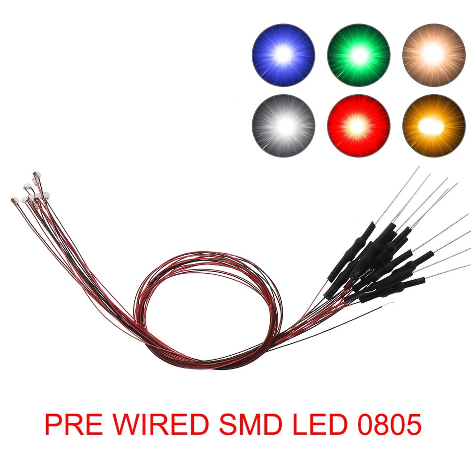 20ks pred zapojeným SMD LED LED 0805 Svetlo 20 cm drôt s rezistorom pre 12 V Biele teplé červené modré zelené žlté žlté L0805