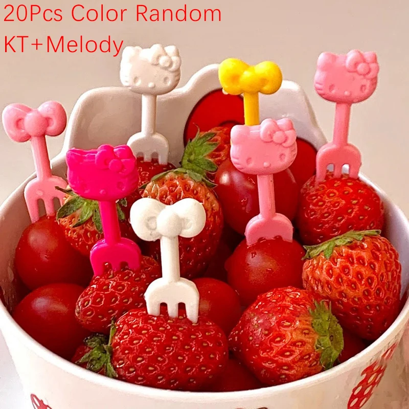 20ks Sanrio Hello Kitty Melody veci Plastové sendvičové znaky Deti Cute Fruit Fork Snack Forks Kawaii Festival Supplies
