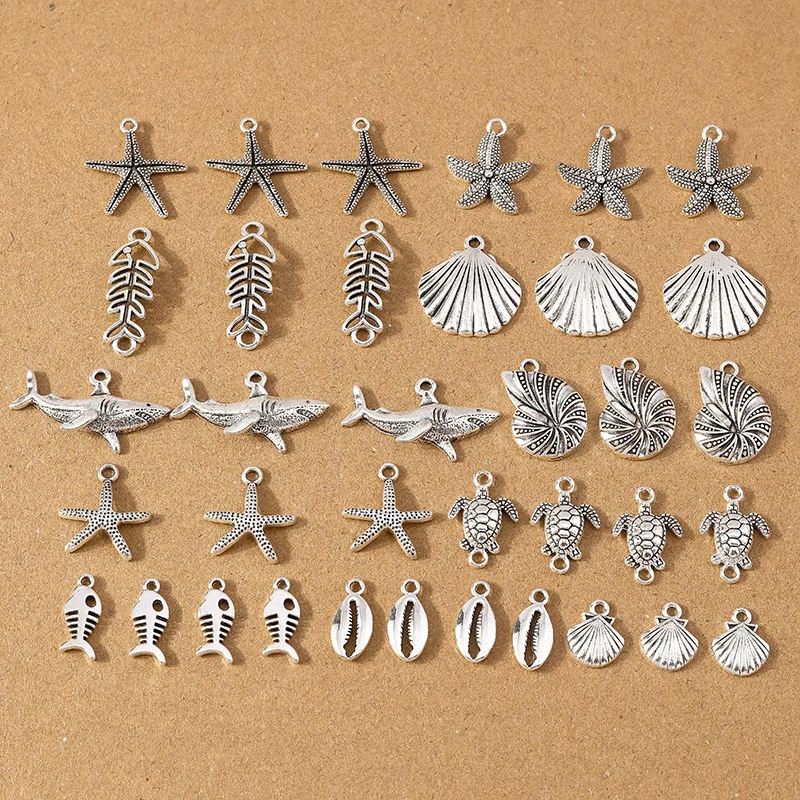 20ks Strieborná farba zliatiny zliatiny Mermaid Life Charms Hviezdna škrupina Tortoise prívesky na náušnice náhrdelníka