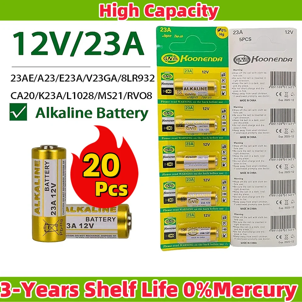 20ks suchú bunku 12V Alkalickú batériu 23a E23A A23 23ga A23S GP23A V23GA MS21 LRV08 pre zvonček, garážové dvere diaľkový diaľkový ovládač, valček