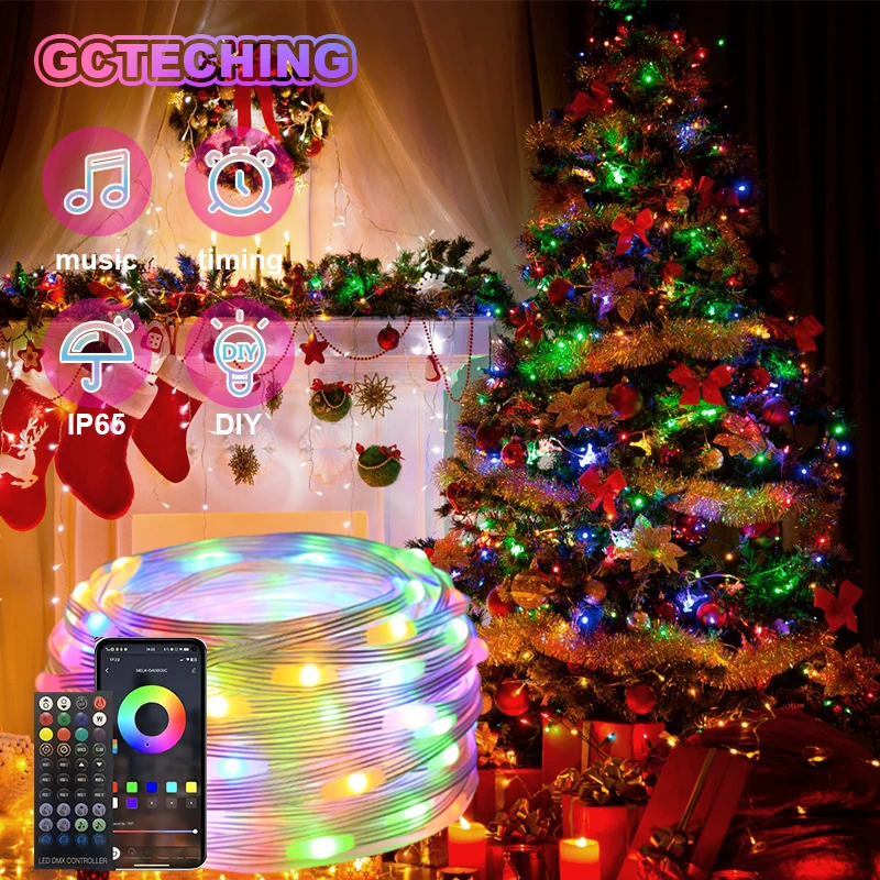 20m LED vianočný reťazec RGB Light Smart Enter Outdoor Festoon Party Line Line IP65 Bluetooth Hudobná lampa String Fairy Lights
