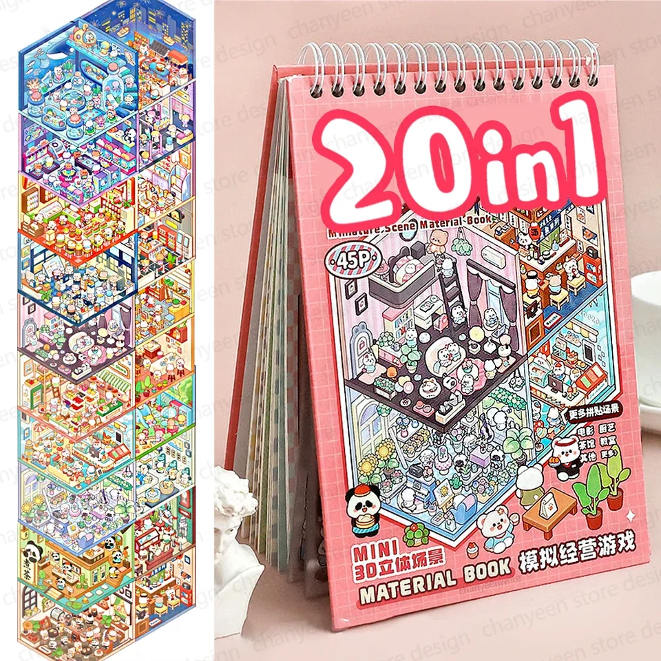 20pcs 20in1 Karikatúra krajinná nálepka Kniha DIY 3D vrecká scéna scéna darček pre dieťa dieťa