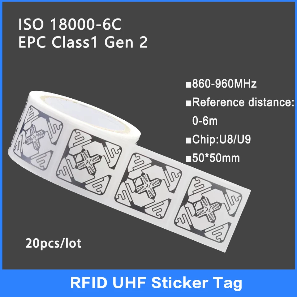 20pcs UHF RFID Wet Inlay Tag 18000-6C 860-960MHz RFID UHF štítok nálepky U8/U9 Elektronický štítok 915 MHz Vysoko kvalita