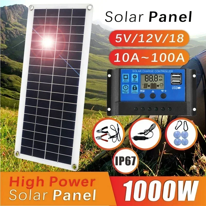 20W-1000W Solárny panel 12V Solárny článok 100A Ovládač Solárny panel pre telefón RV CAR MP3 PAD nabíjačka vonkajšia batéria Kemp