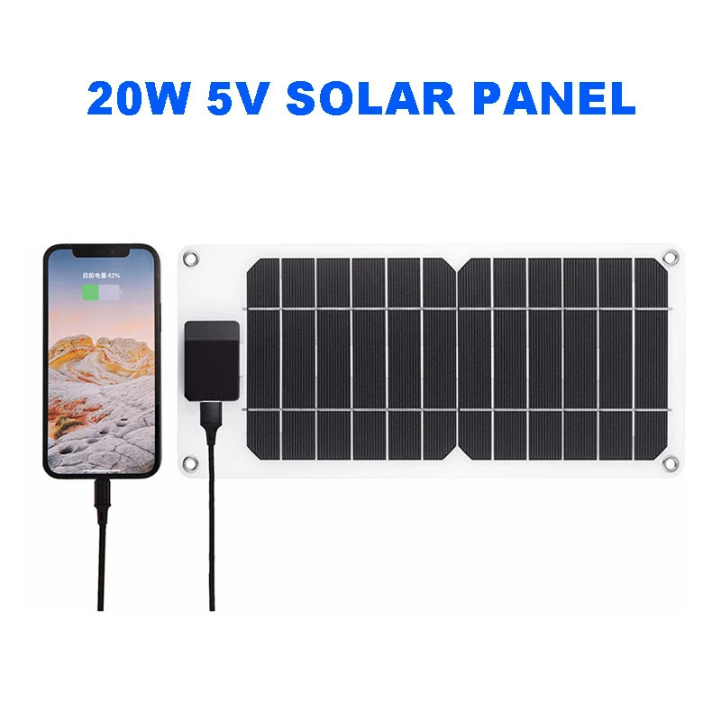20W prenosný solárny panel 5V USB Solar Charger Waterproof solárna batéria Mobilný napájací zdroj pre vonkajšiu kempingovú turistiku