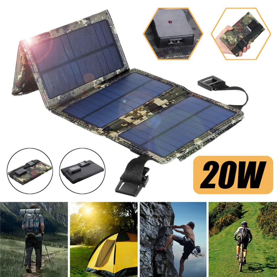 20W USB Solar Panel Skladacie prenosné polykryštalické solárne bunky nabíjačka pre vonku