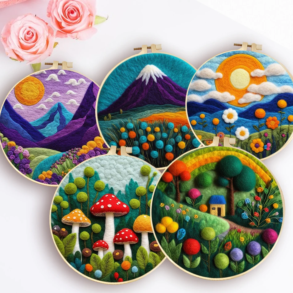 20x20cm Rám vlny Felting Painting Kit s rámom Kvetinová krajina vzor Diy Felt for Home Decoration Ručne vyrábané remeslá