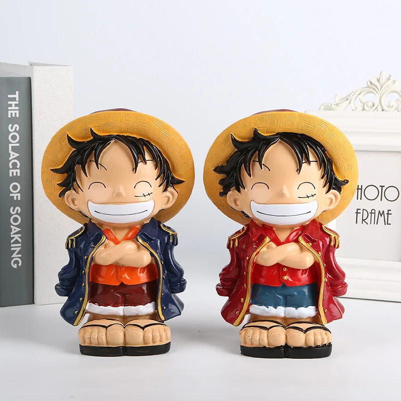 22 cm Anime One Piggy Bank Bank Resin Slaw Hat Luffy Small Creative Desktop Ornament Detské narodeniny darčeková modelka socha hračka