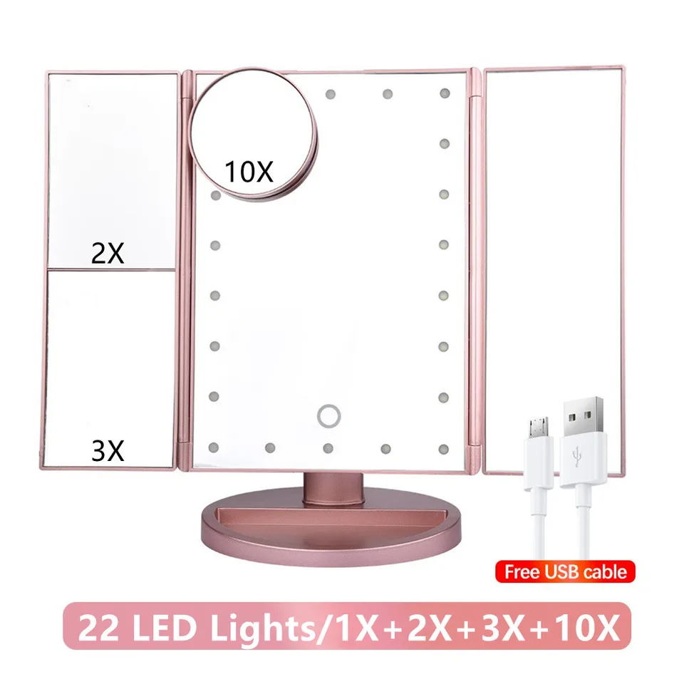 22 LED svetlo make -up zrkadlo 2/3x Zväčšovanie 3 skladacie kozmetické zrkadlá dotykovej obrazovky Ovládanie šachovnice Krása Krásné zrkadlo