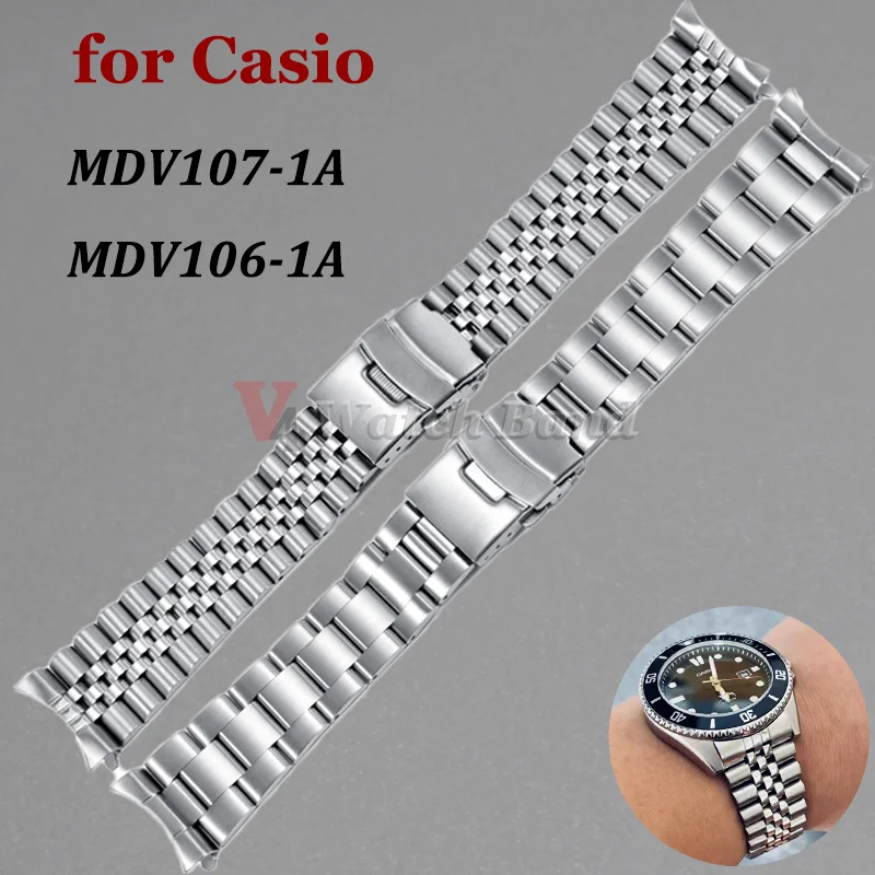 22 mm MDV106 Watch Band Diving Watch Náramok pre Casio MDV-106 MDV-107 kovový zápästie strieborný oceľový remienok MDV106