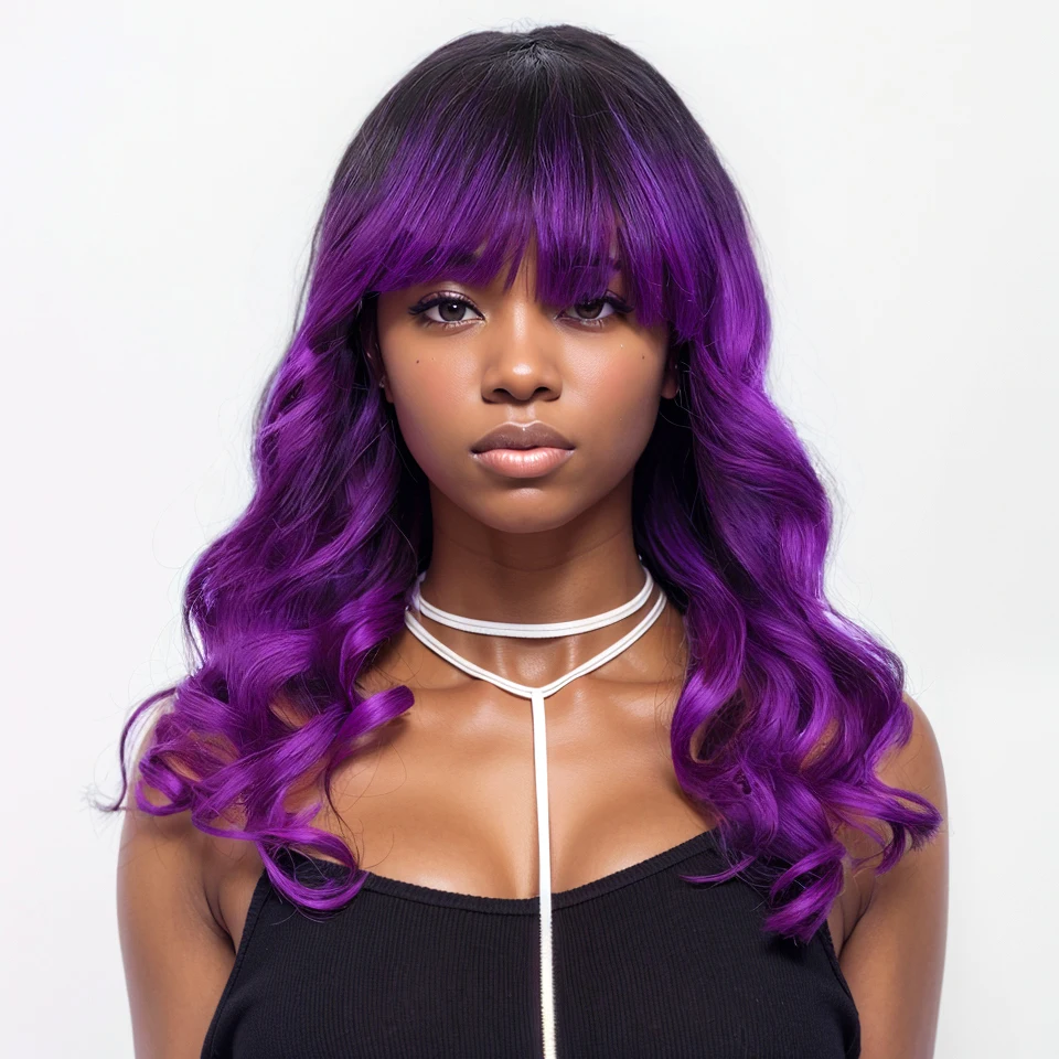 22 palcov T1B/Purple Body Wave Body Human Hair Parochne s treskami Fringe 180D Brazílsky plnohodnotný stroj vyrobený ženami parochne Cosplay vlasové parochne