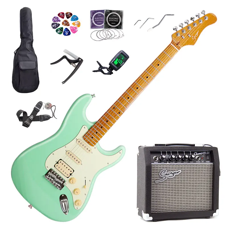 22 zaokrúhlené koncové pražce elektrická gitarová súprava v plnej veľkosti ST Profesionálna stredná gitarová súprava s 15 watt zosilňovačom