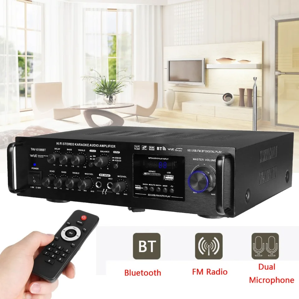 220-240V 2000W Wireless Digital Audio Zosilňovač 4OHM Bluetooth Stereo Karaoke Zosilňovač 2 MIC Vstup FM RC Zosilňovač domáceho kina